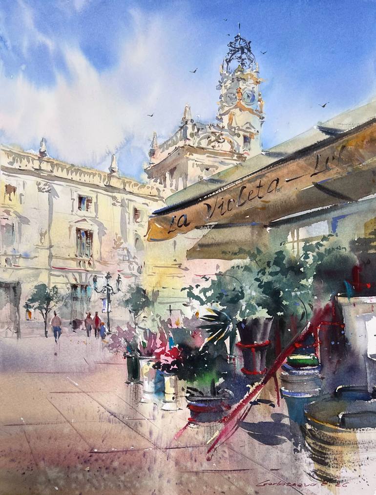 Original Architecture Painting by Eugenia Gorbacheva | Expressionism Art on Paper | Valencia in Bloom