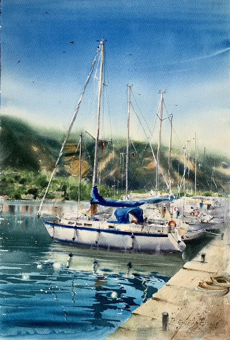 Yacht, Montenegro Painting by Eugenia Gorbacheva | Saatchi Art