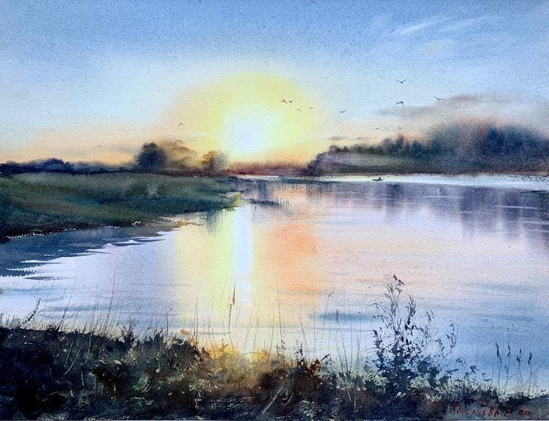 Lake Sunset Painting, Blue Landscape Watercolor Painting, Or