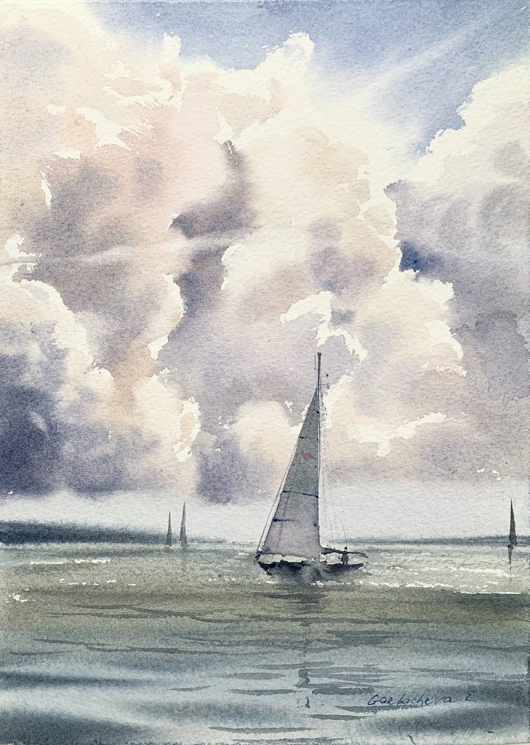 Sailboat and clouds #3 Painting by Eugenia Gorbacheva | Saatchi Art