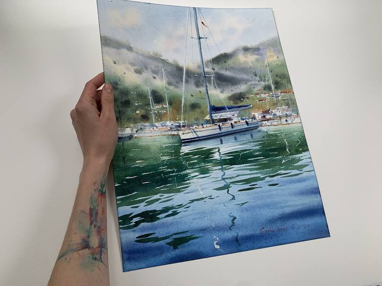 Original Fine Art Yacht Painting by Eugenia Gorbacheva