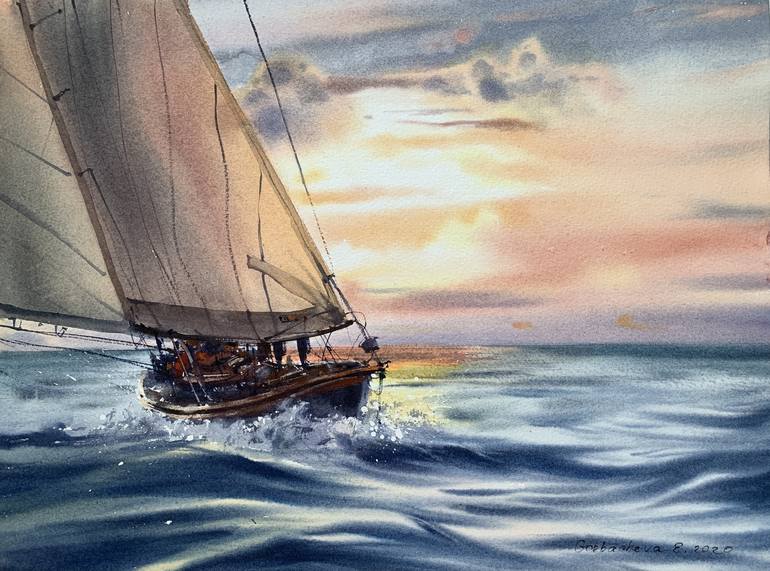 Original Illustration Sailboat Painting by Eugenia Gorbacheva