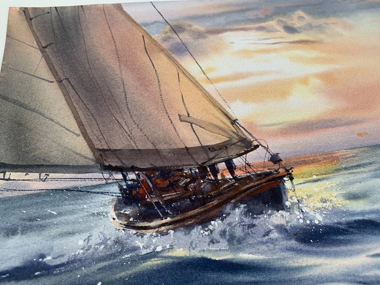 Original Illustration Sailboat Painting by Eugenia Gorbacheva