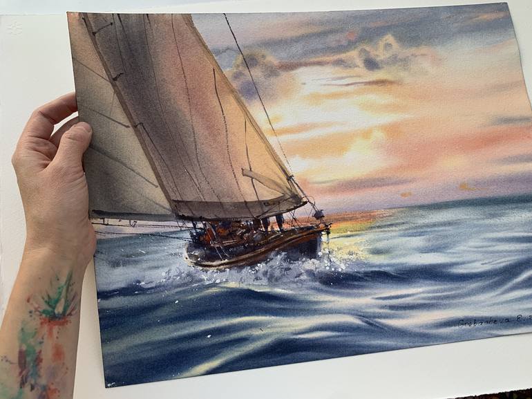 Original Illustration Sailboat Painting by Eugenia Gorbacheva