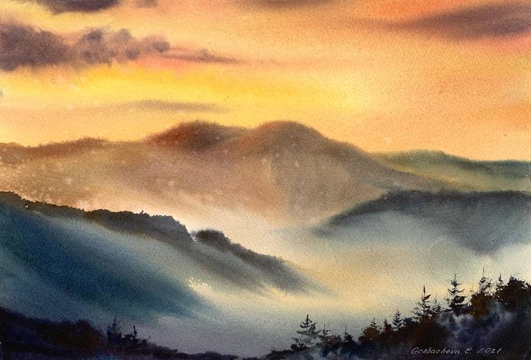 Original Landscape Painting by Eugenia Gorbacheva | Expressionism Art on Paper | Sunset in the mountains