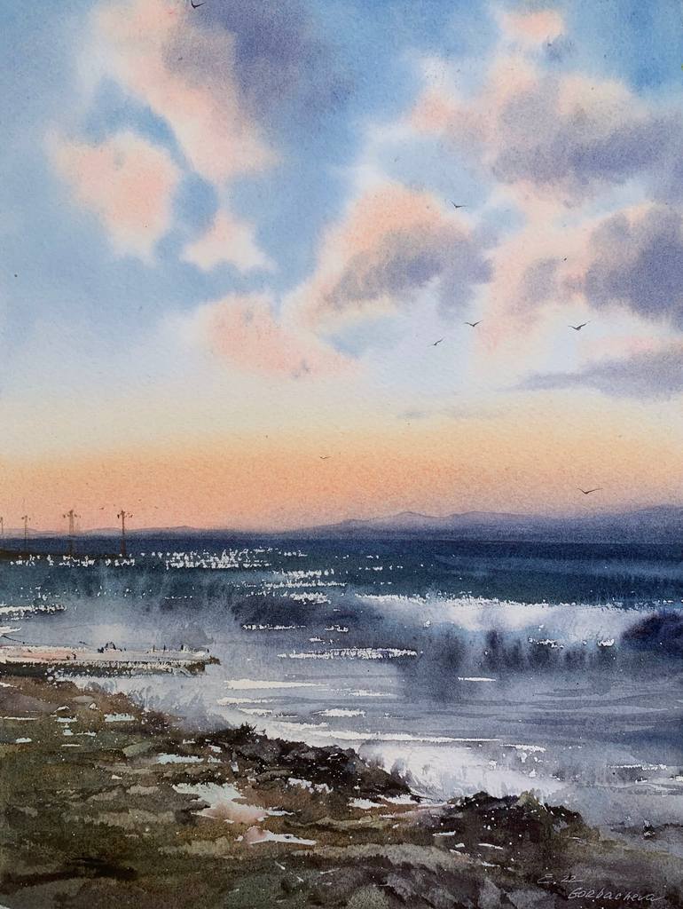 Original Seascape Painting by Eugenia Gorbacheva | Expressionism Art on Paper | SUNSET ON THE SEA STORM