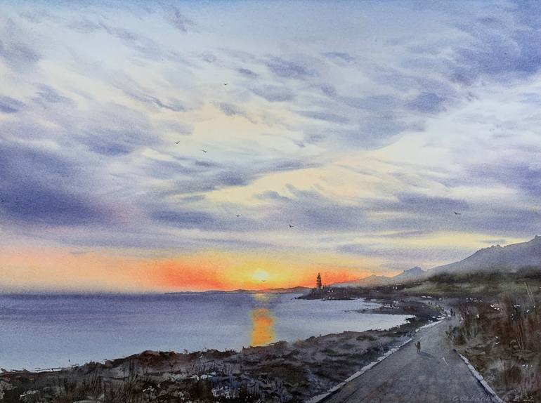 Original Seascape Painting by Eugenia Gorbacheva | Expressionism Art on Paper | Sunset on the sea Lighthouse