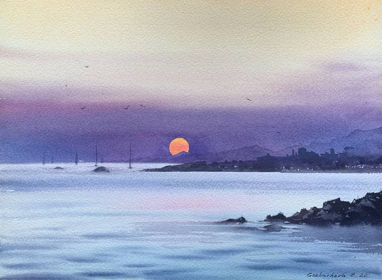 Original Seascape Painting by Eugenia Gorbacheva | Expressionism Art on Paper | SUNSET ON THE SEA