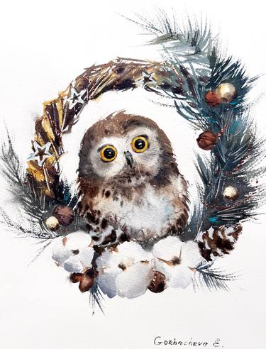 Owl and Christmas wreath #2 thumb