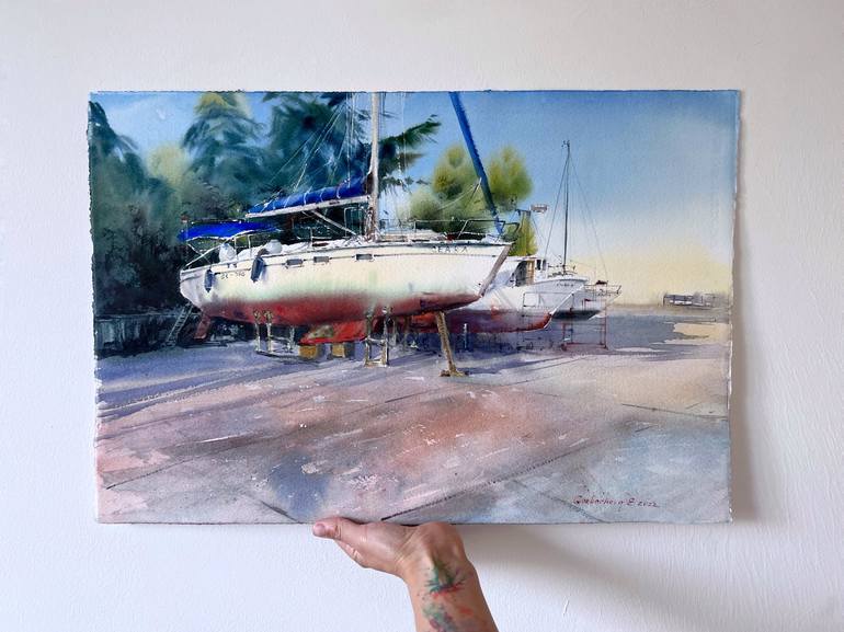 Original Expressionism Boat Painting by Eugenia Gorbacheva