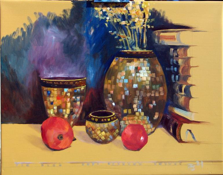 Two gold vases with garnet Painting by Tatyana Step | Saatchi Art