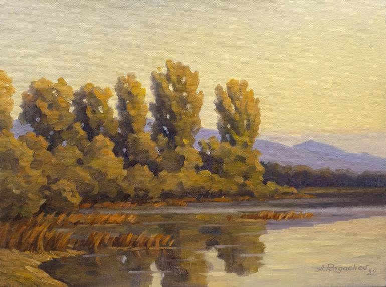 Original Landscape Painting by Andrey Pingachev | Art Deco Art on Other | Early morning on the lake
