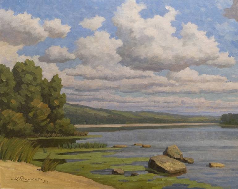 Original Landscape Painting by Andrey Pingachev | Art Deco Art on Canvas | Sunny day at the lake