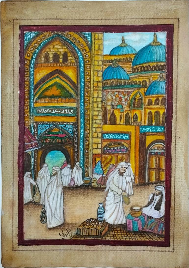 Original People Painting by Syeda Ishrat | Antique Art on Paper | Original Oriental Arab Street Scene Islamic Architecture Art