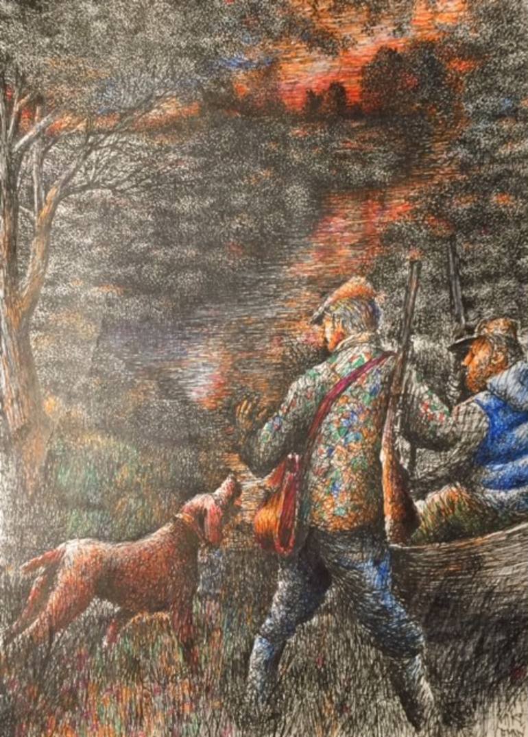 Hunters, Hunting with Dog Drawing by Mike Ciemny | Saatchi Art