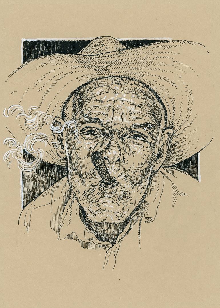Man With Cigar Fine Liner Portrait Drawing By Katarzyna Gagol Saatchi Art