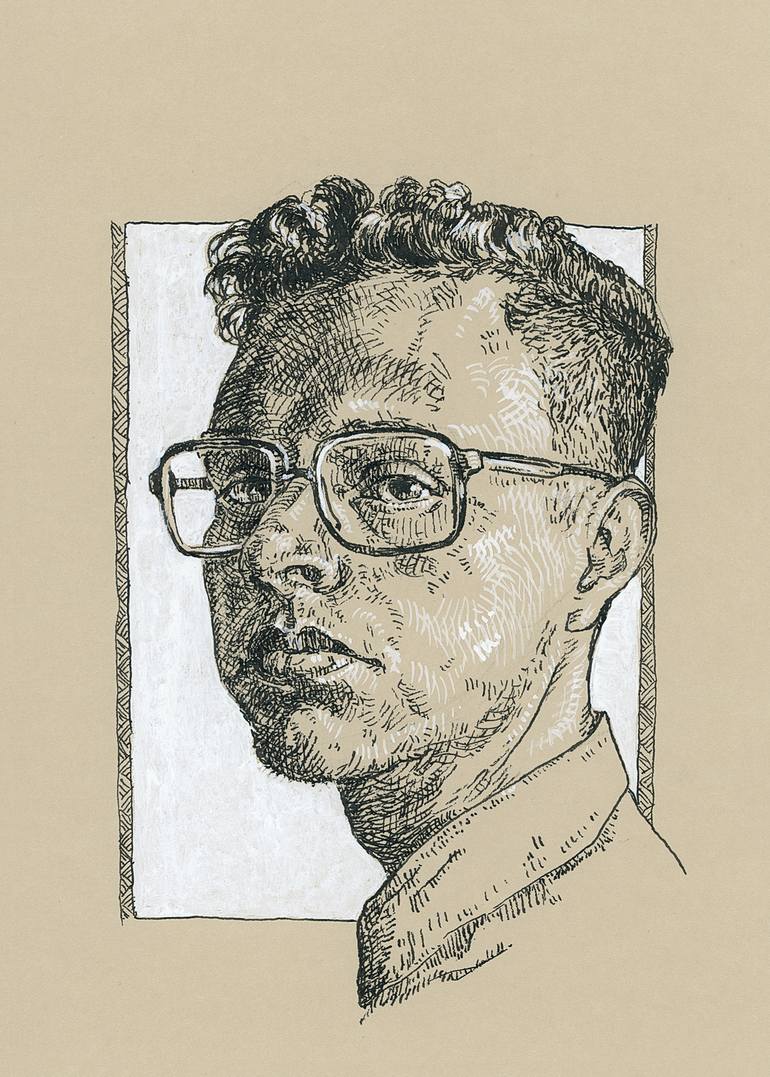 Man with glasses. Geek portrait. Fine liner art Drawing by Katarzyna Gagol