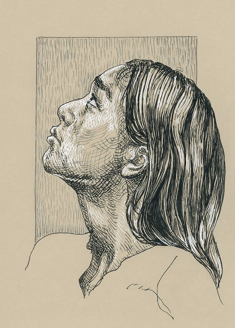 woman looking up drawing