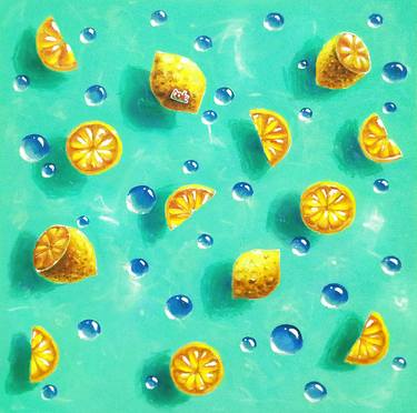 Lemons in the pool, original acrylic painting on canvas, water, summer, drops, Wyhivska Kateryna thumb