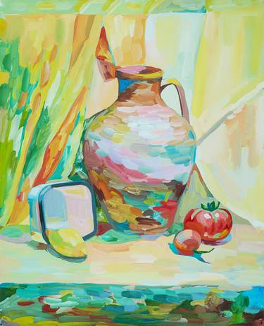 Still life in yellow color. Pitcher and vegetables thumb