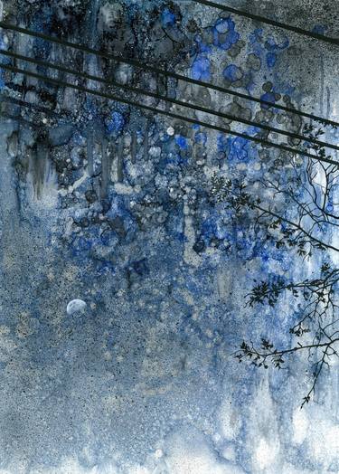 "Melancholy". Alcohol ink and acrylic paints. Moonlit sky, night landscape with the moon, trees and electric wires. Winter cityscape. painting for the interior in the style of minimalism, loft or hi-tech thumb