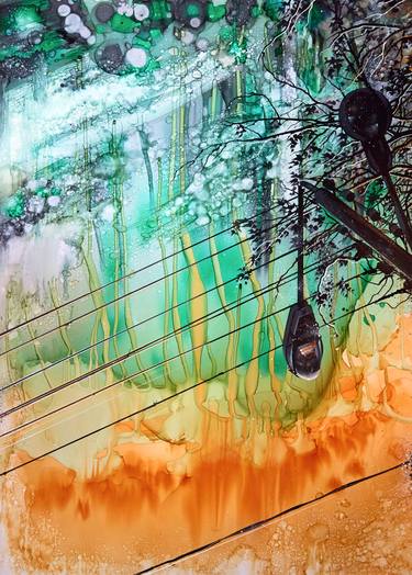 Street lamp on an electric pole and wires against the background of a bright colored sky. Yellow-green color scheme, graphic style. Mixed media, alcohol ink, marker and acrylic. "March" thumb