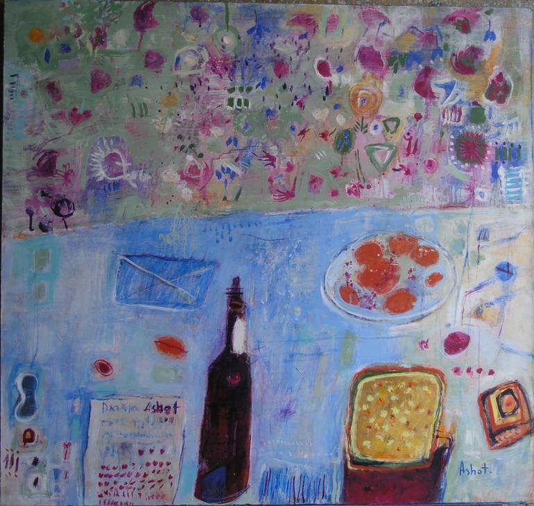 Still life with a bottle Painting by Ashot Harutyunyan | Saatchi Art