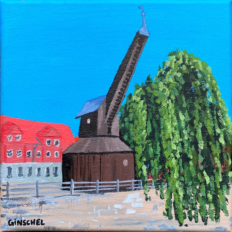 Original Architecture Painting by Jan-torben Ginschel | Realism Art on Canvas | Alter Kran in Luneburg