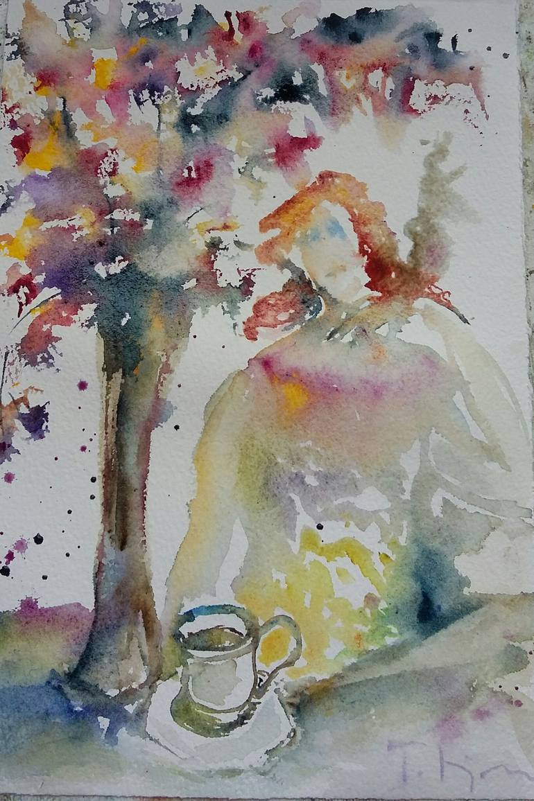 Original People Painting by Tatjana Karabasevic  Impressionism Art on Paper  coffy time