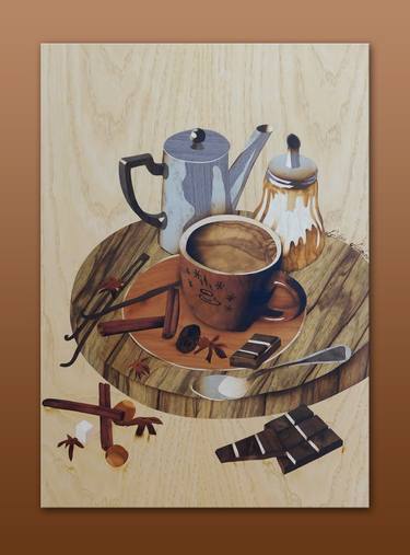 Coffee still life wood marquetry - Limited Edition of 1 thumb