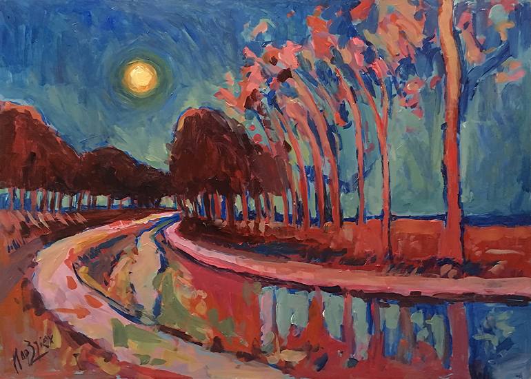 Original Landscape Painting by Nop Briex | Expressionism Art on Wood | Moon night above the canal
