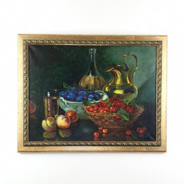 Still life Fruits and jug, Vintage oil painting on canvas thumb