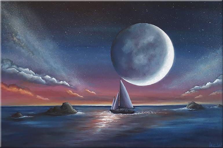 Sail Under Moonlight, Liz W Fine Art Painting by Liz Whaley | Saatchi Art