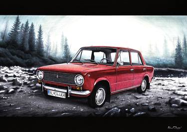 RUSSIAN LADA IN RED WITH SLOVAKIA TATRY MOUNTAINS IN THE BACKGROUND thumb