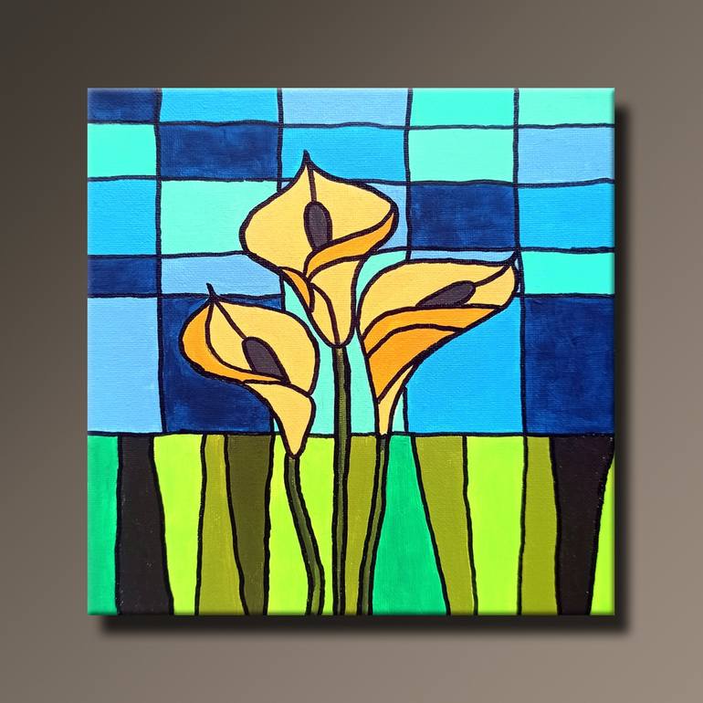 Original Cubism Floral Painting by Edit Voros