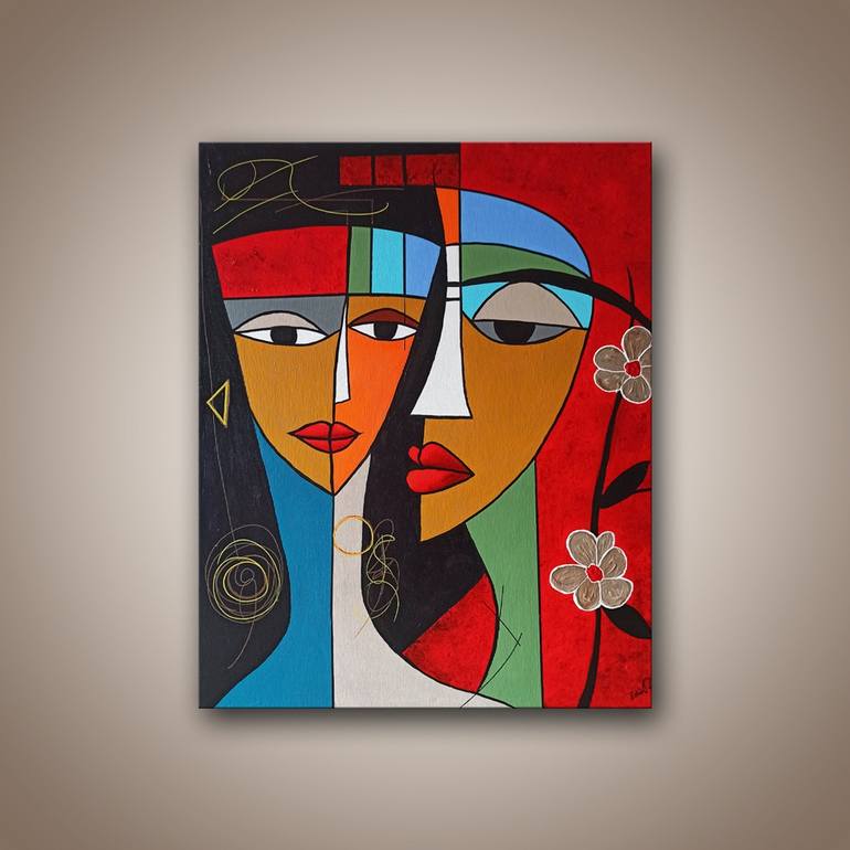 Original Cubism People Painting by Edit Voros