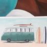 Detail view of lower left frame with mini bus, surf boards, umbrella, and ice cream cart.