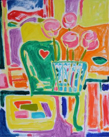 In My Studio Yellow Box And Vase Of Roses On Green Chair thumb