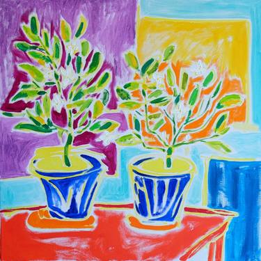 Two Blossoming Lemon Trees in Blue Pots thumb