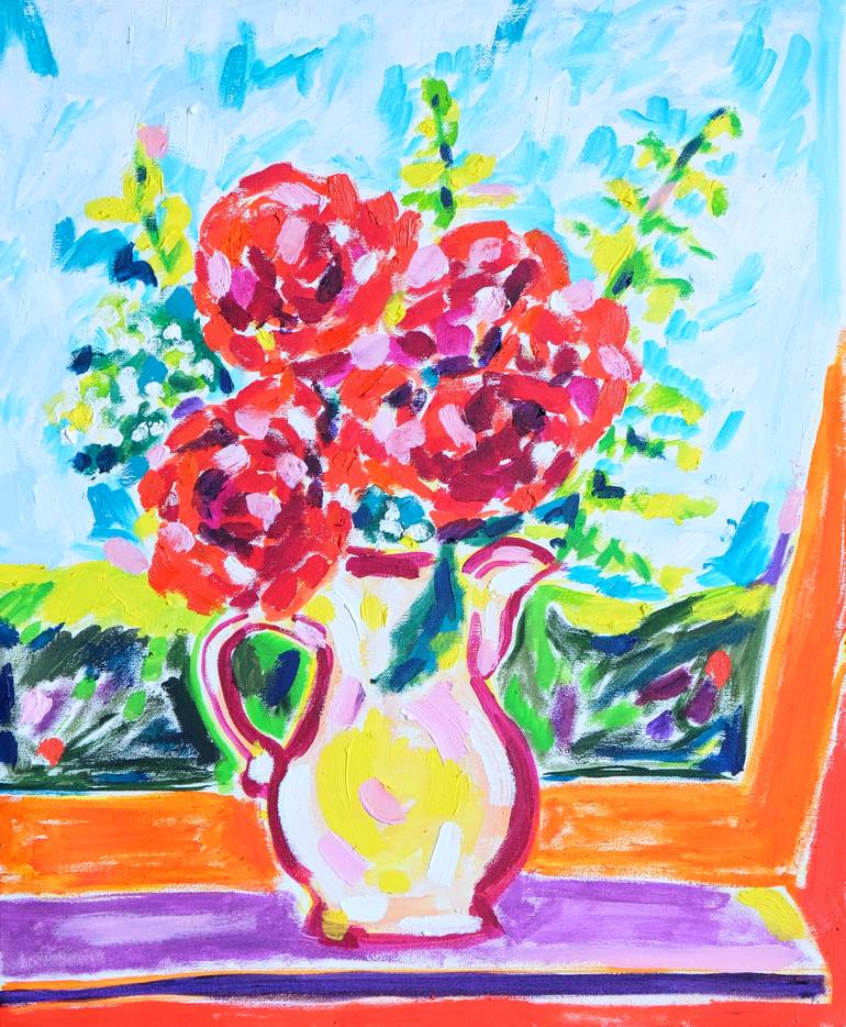 Original Floral Painting by Tamara Jare | Contemporary Art on Canvas | Still Life with Red Roses and Summer Landscape