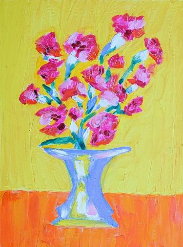 Pink Carnations in Blue Vase thumb