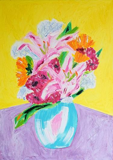 Bouquet with Pink Lilies in a Blue Vase thumb