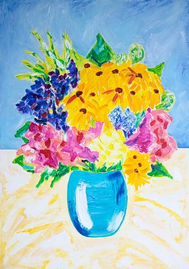 August Flowers Bouquet in Blue Vase thumb
