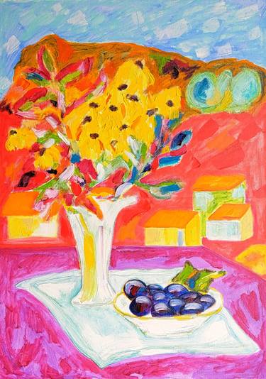 Autumn Still Life with Flowers and Blue Plums thumb