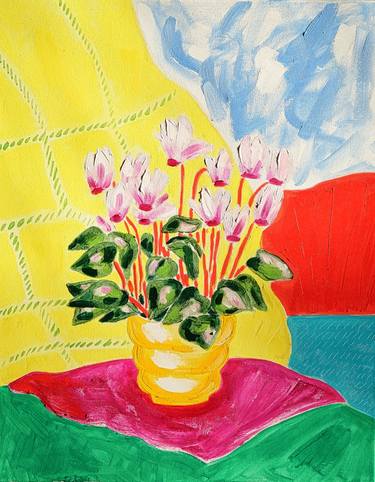 Pink Cyclamen Plant in Yellow Vase thumb