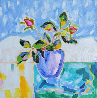 Winter Sky and Pink Roses in Blue Vase thumb