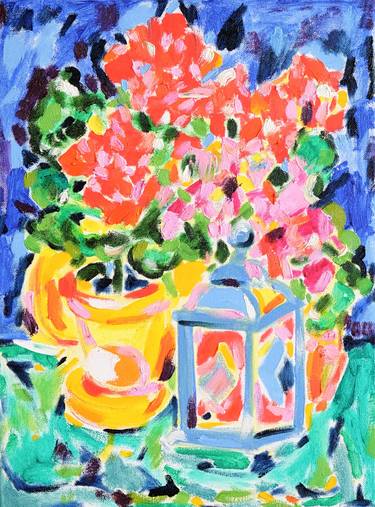 Red Geraniums and Blue Lantern in the Garden thumb