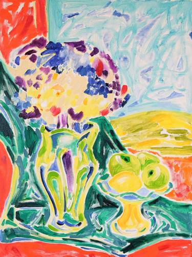 Colorful Bouquet In Green Vase With Fruit thumb