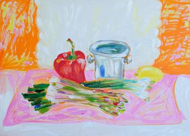 Still Life with Asparagus, Onions, Red Pepper and Lemon thumb