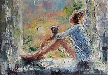 Oil painting Girl with a book near window thumb